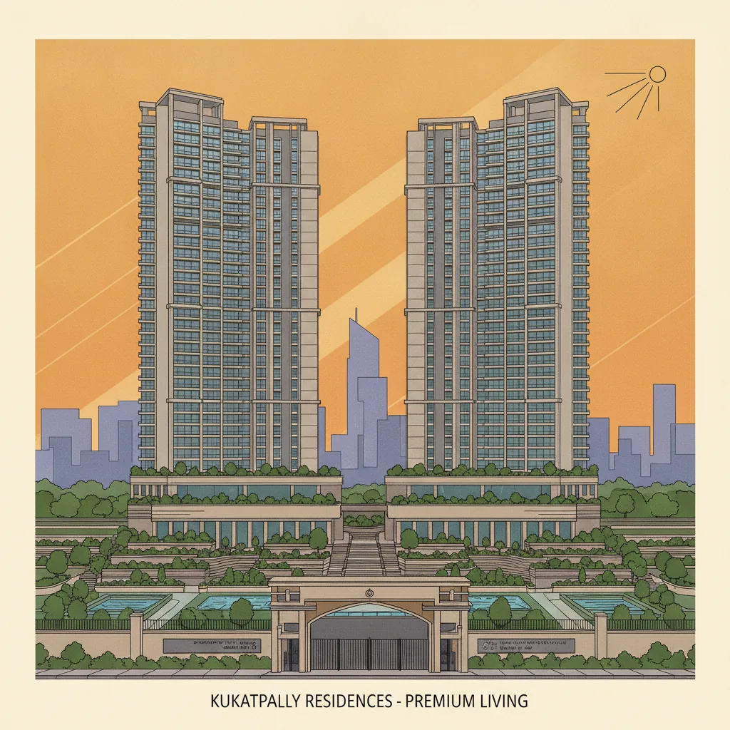 Modern luxury high-rise residential apartment towers in Kukatpally, Hyderabad at golden hour. Two elegant glass and concrete towers with green podium gardens and landscaped surroundings.