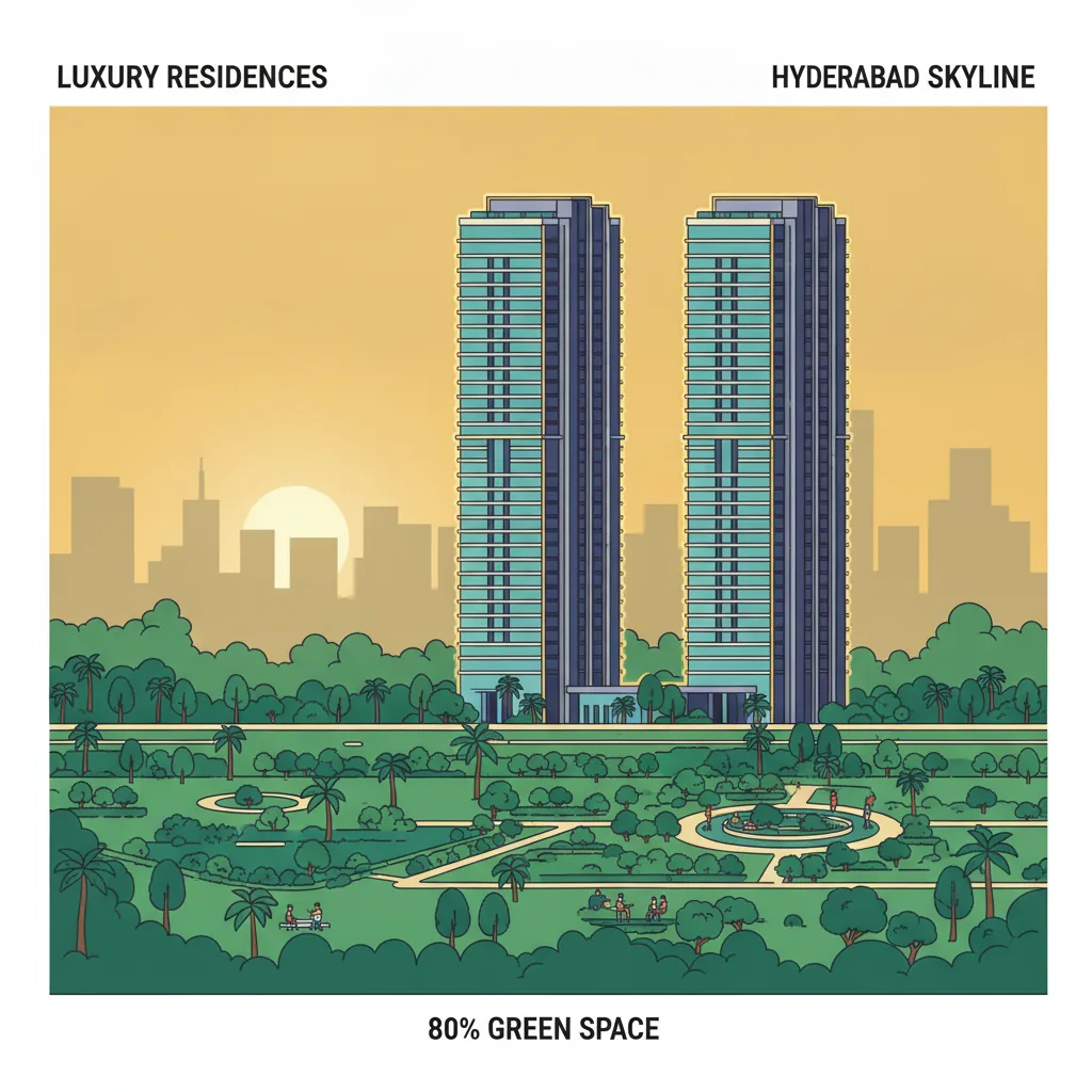 Modern luxury high-rise residential towers in Hyderabad with 45-story glass towers and green gardens