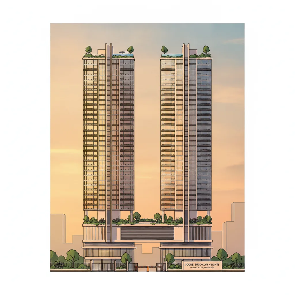 Modern luxury high-rise residential towers at Godrej Brooklyn Heights in Kukatpally featuring glass facades, lush landscaping, and rooftop amenities