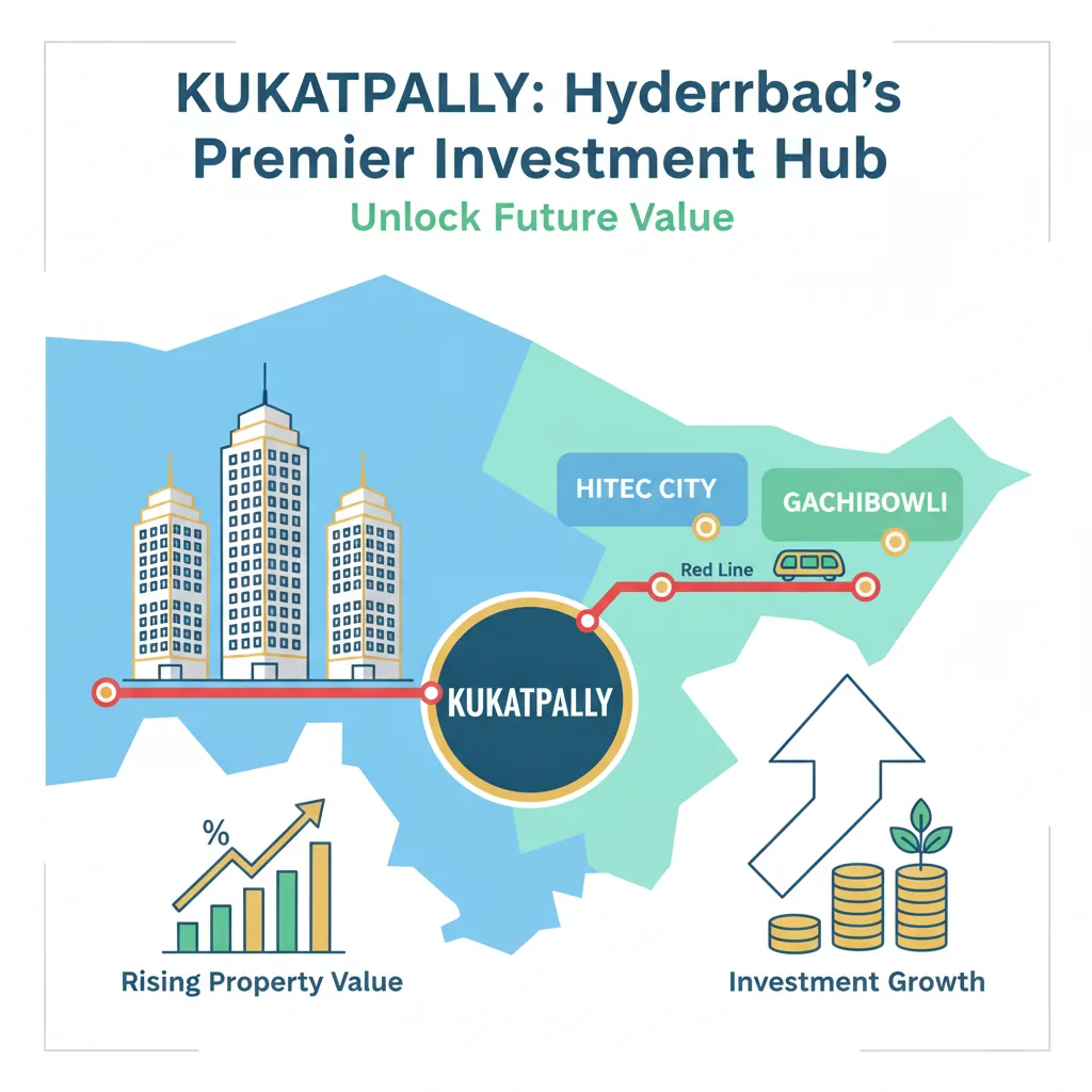 Modern infographic-style hero showing Kukatpally's strategic location near HITEC City and Gachibowli IT corridors with premium high-rise towers and metro connectivity.