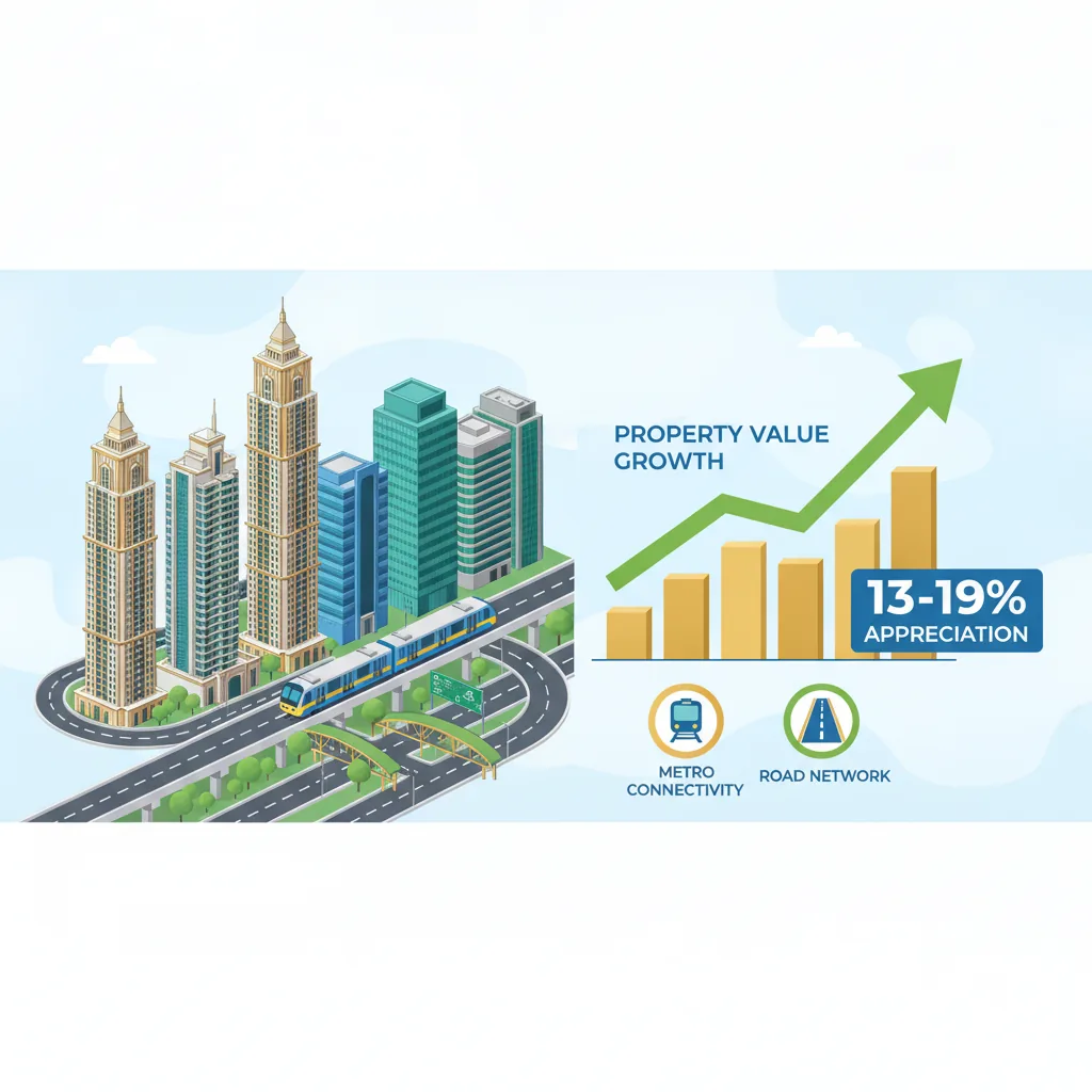 West Hyderabad skyline with luxury residential towers showing property value growth trends and metro connectivity