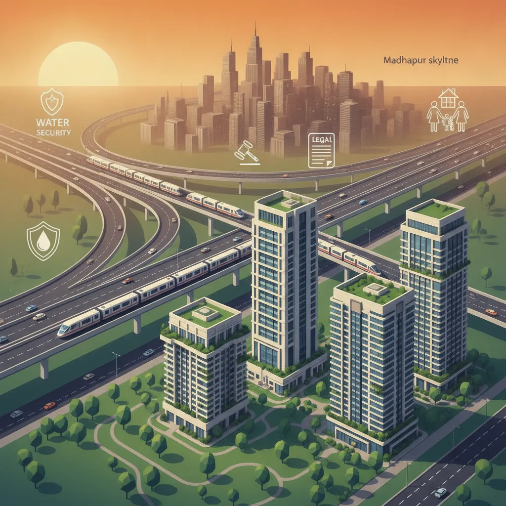 Kukatpally skyline transformation showing modern luxury high-rise apartments with green gardens, metro connectivity, and myth-busting elements representing water security and legal safety