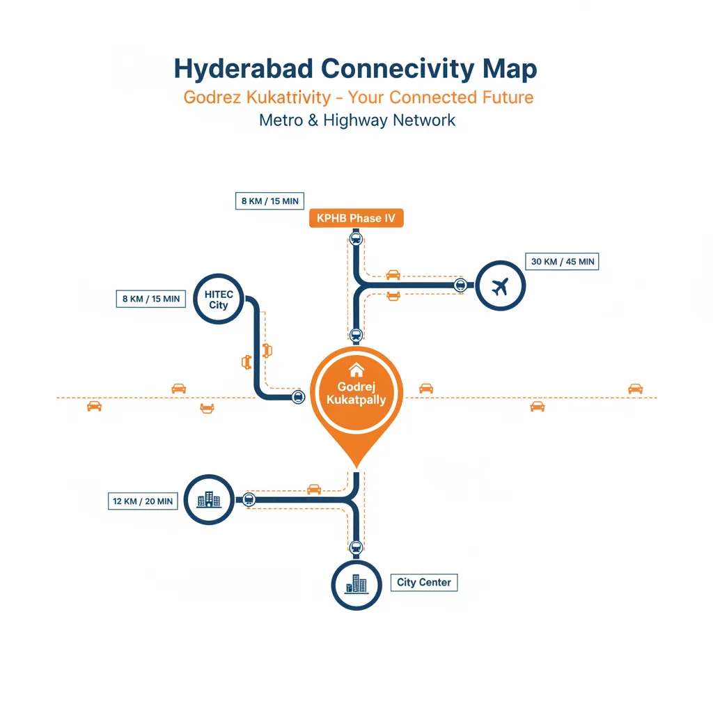 Connectivity map showing Godrej Kukatpally location in Hyderabad with metro, highway, and IT corridor connections