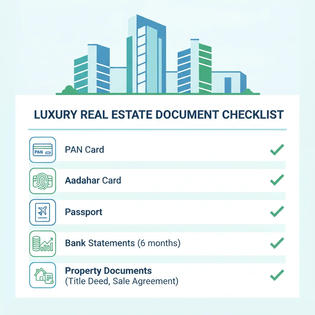 Documents Required to Buy Property in Godrej Brooklyn Heights - Infographic showing document checklist for luxury real estate purchase with icons for PAN card, Aadhaar, passport, and bank statements