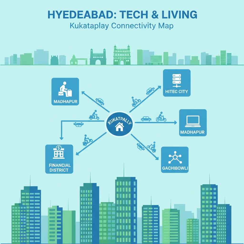 Employment Hubs Near Kukatpally - Modern infographic showing Kukatpally location map with employment hubs HITEC City, Madhapur, Gachibowli, and Financial District