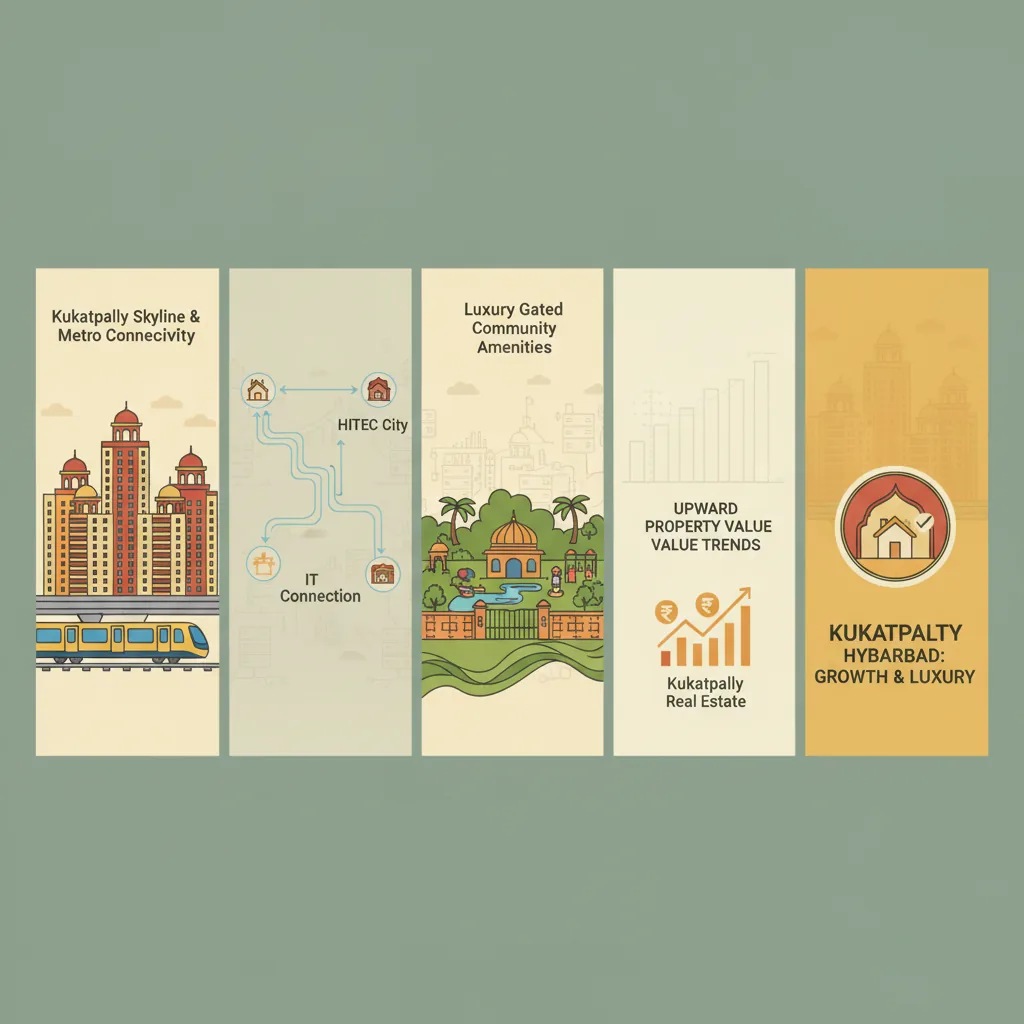 Kukatpally Hyderabad real estate skyline infographic showing high-rise residential towers, Metro connectivity, IT corridor links, and property value growth charts