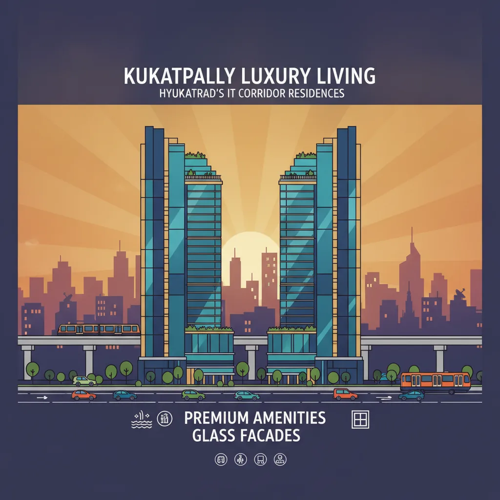 Modern luxury high-rise residential towers in Kukatpally, Hyderabad with glass facades and metro infrastructure at golden hour