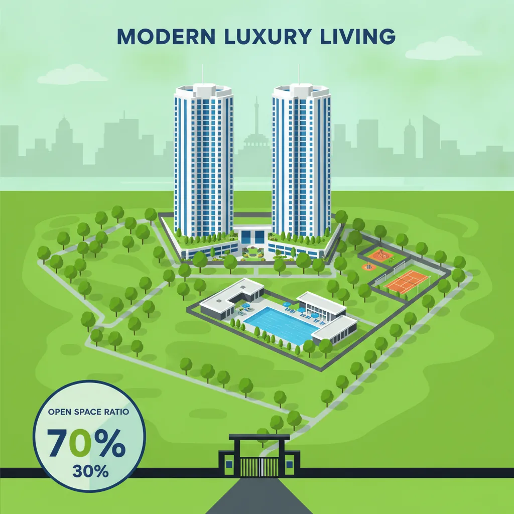 Gated community with 80% open space showing 45-story towers surrounded by gardens, walking paths and amenities at Godrej Brooklyn Heights Kukatpally