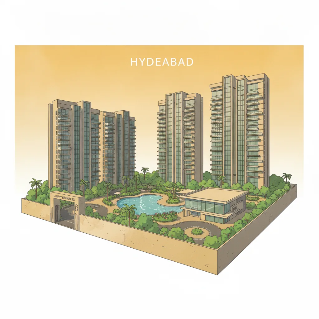 Gated Community Apartments in Hyderabad - Modern luxury gated community apartment complex with high-rise towers, lush green landscaping, swimming pool, and clubhouse facilities