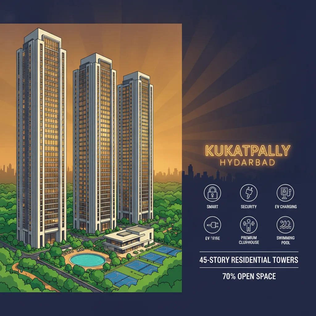 Modern luxury gated community high-rise residential towers in Kukatpally Hyderabad with New York-inspired architecture, lush green landscaping, and world-class amenities