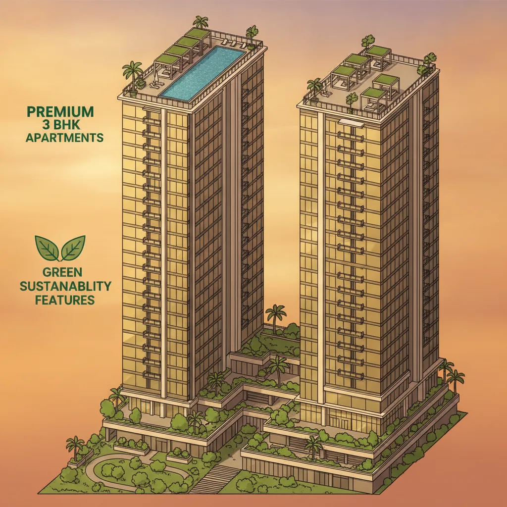 Godrej Brooklyn Heights 3 BHK apartments - luxury twin towers with glass facade, lush greenery, and rooftop pool in KPHB Phase 4, West Hyderabad