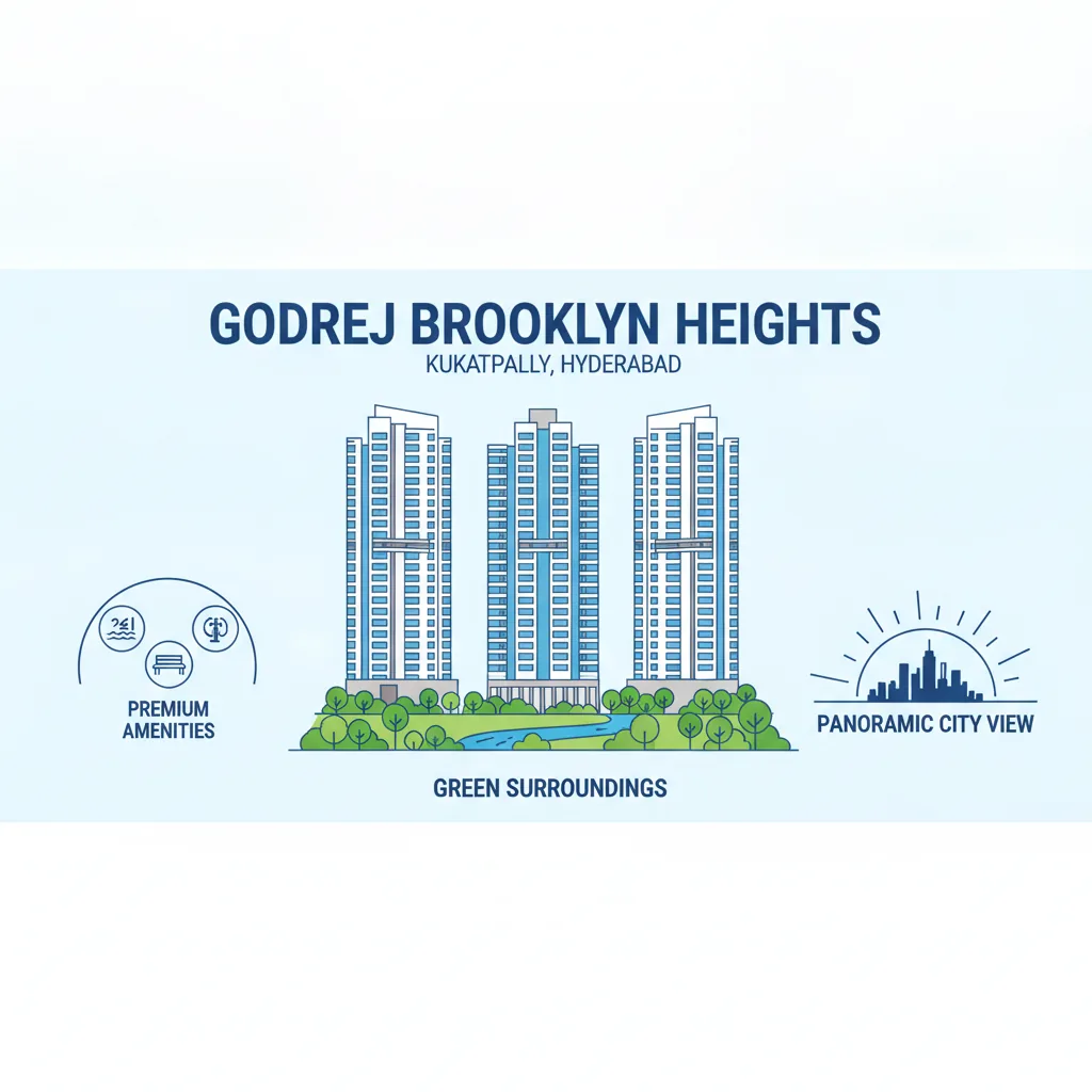 Luxury high-rise residential towers at Godrej Brooklyn Heights in Kukatpally, Hyderabad with modern architecture and green surroundings
