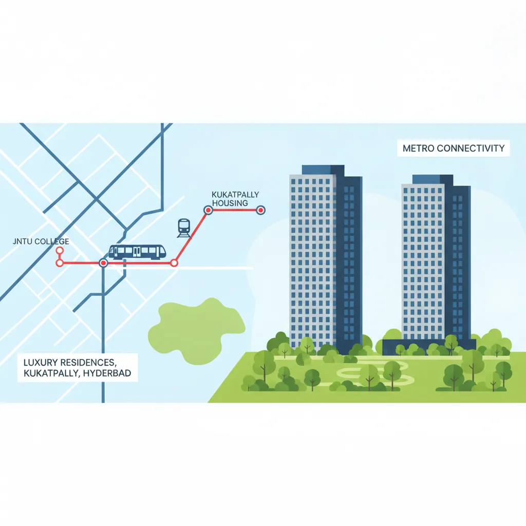 Godrej Brooklyn Heights Address - Modern residential high-rise apartment towers in Kukatpally Hyderabad showing location map with metro connectivity to JNTU College station