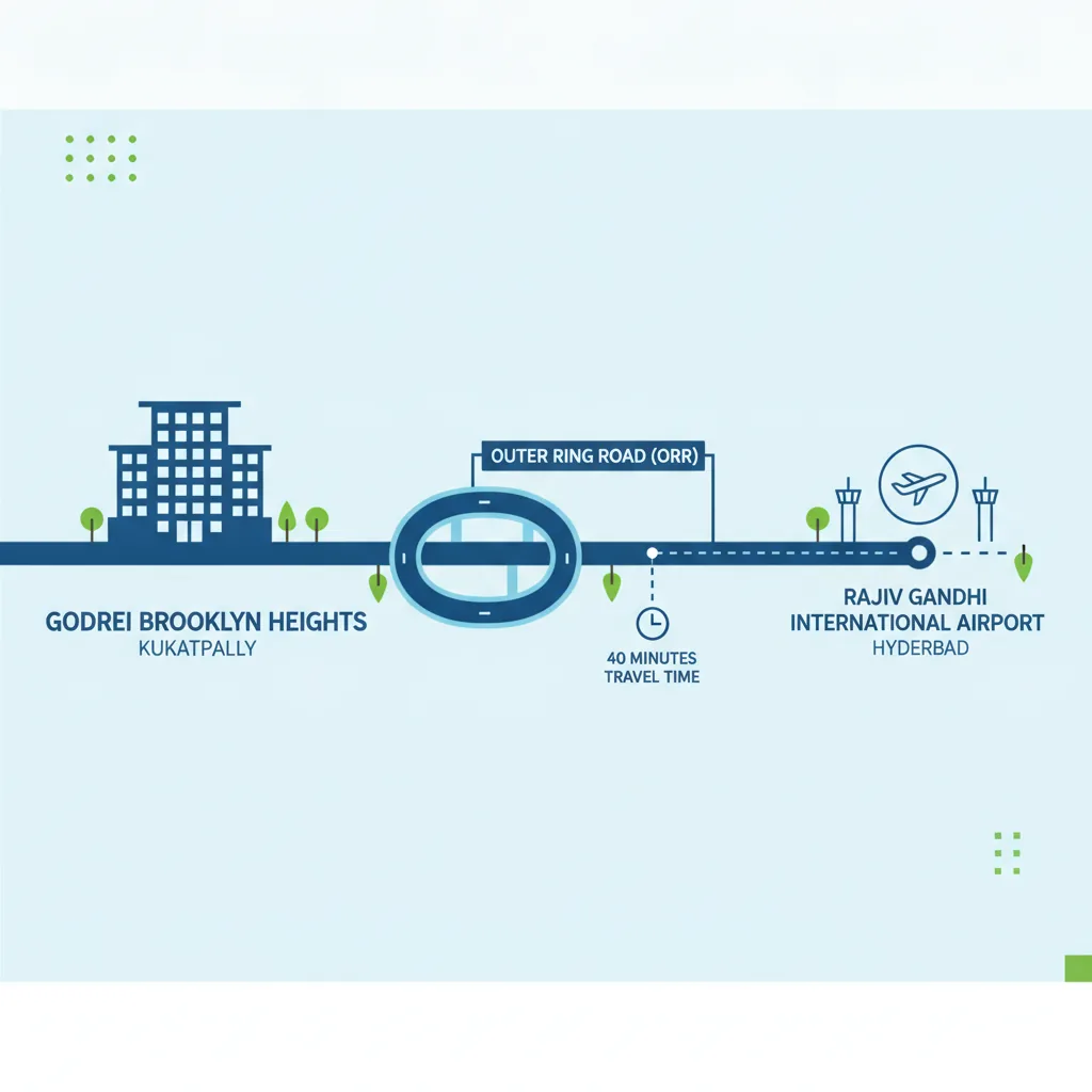 Infographic showing route map from Godrej Brooklyn Heights residential complex to Rajiv Gandhi International Airport via Outer Ring Road, with 40-minute travel indicator