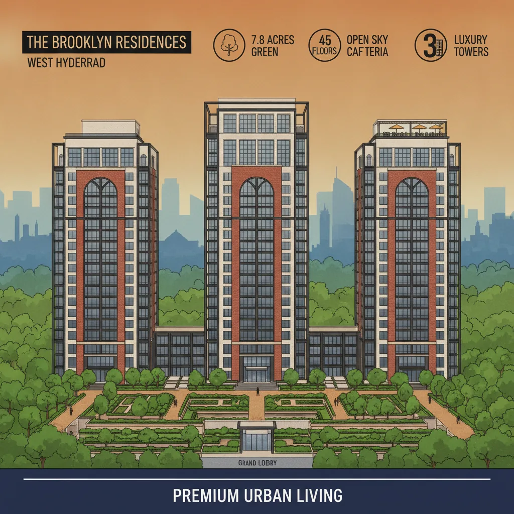 Luxury high-rise residential towers at Godrej Brooklyn Heights in Kukatpally with Brooklyn architectural theme, landscaped courtyards, and triple-height lobby