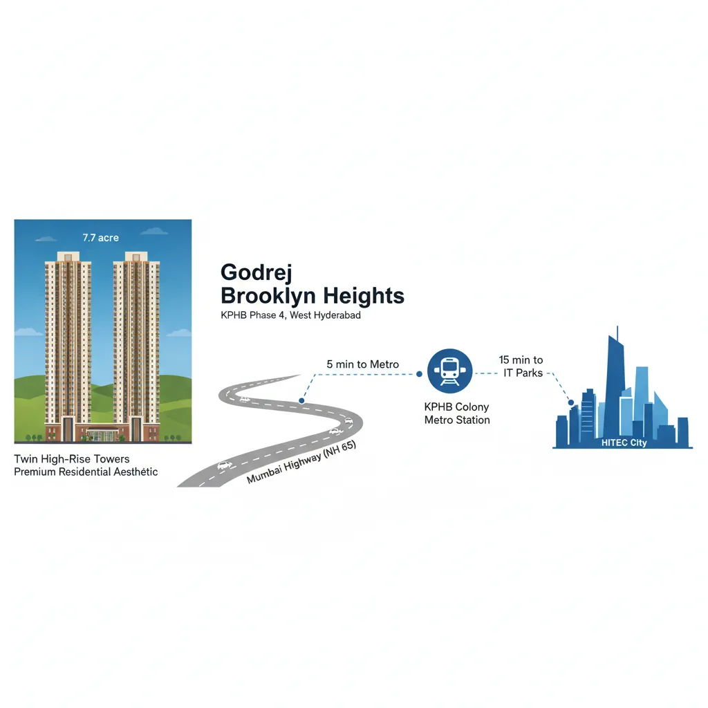 Godrej Brooklyn Heights residential towers connectivity infographic showing NH 65, metro station access, and IT park proximity