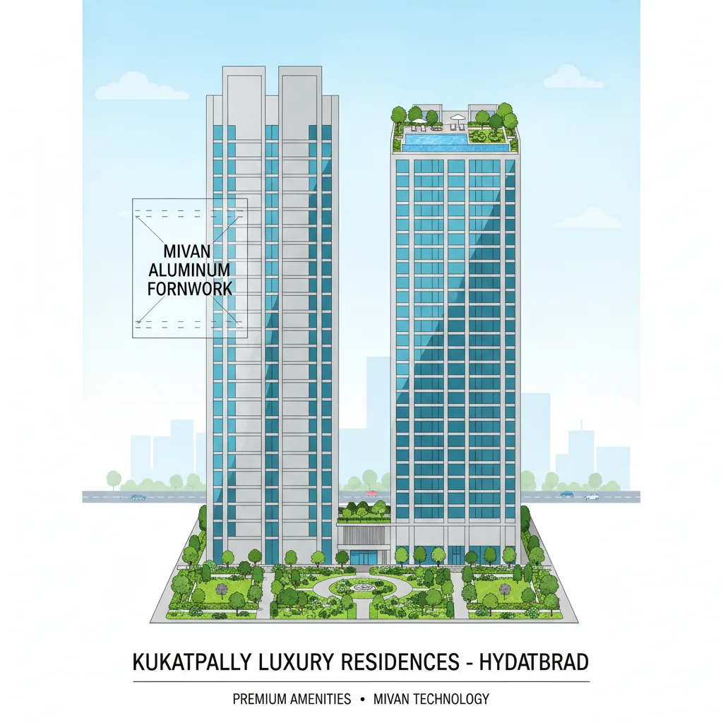 Modern luxury high-rise residential towers at Godrej Brooklyn Heights showcasing Mivan aluminum formwork construction technology with sleek glass architecture, green landscaping, and rooftop amenities in Kukatpally, Hyderabad