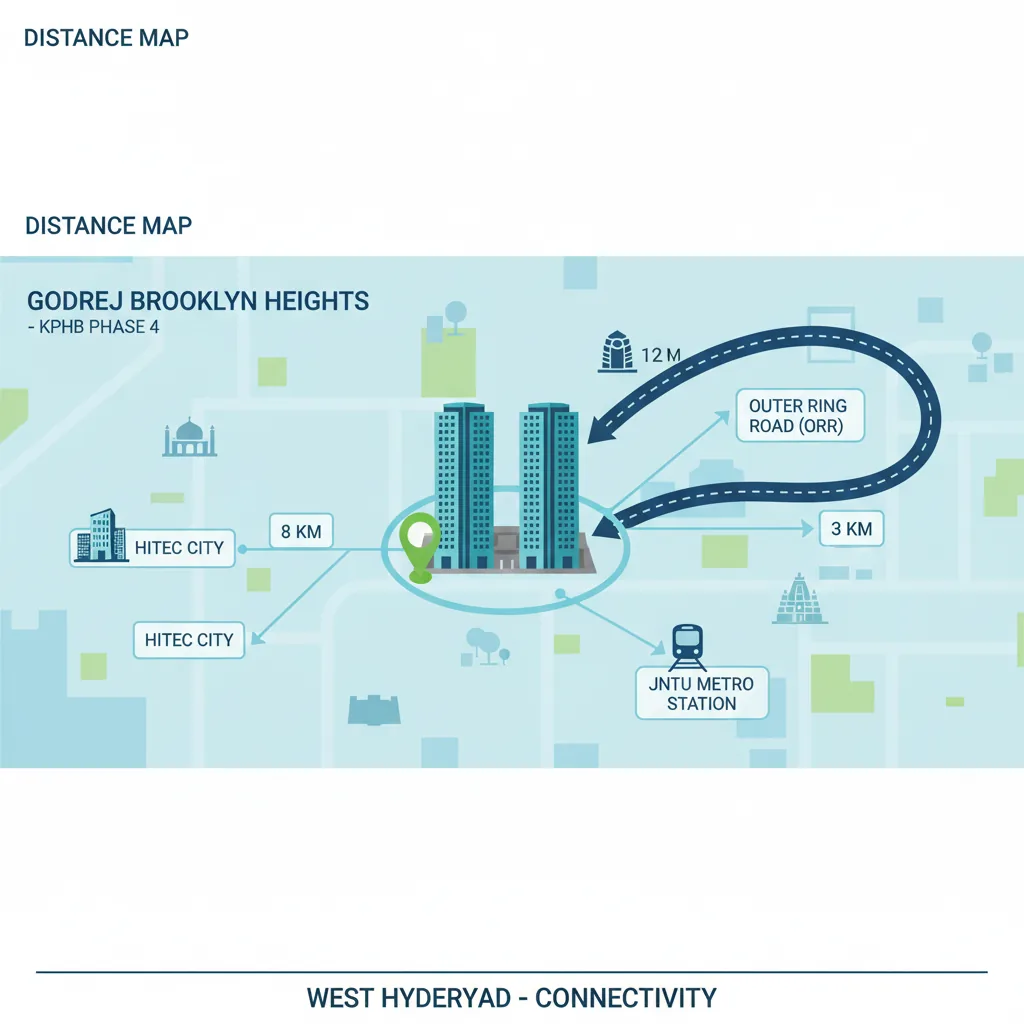 Infographic map showing Godrej Brooklyn Heights distance to HITEC City, JNTU Metro, and ORR connectivity