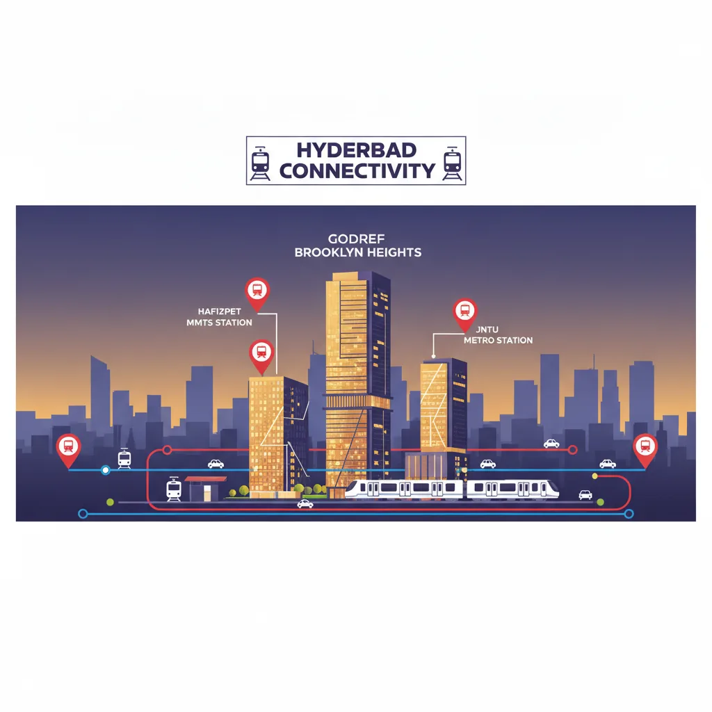 Godrej Brooklyn Heights luxury high-rise towers at dusk with Hyderabad transit connectivity infographic showing Hafizpet MMTS, JNTU Metro Station, and HITEC City