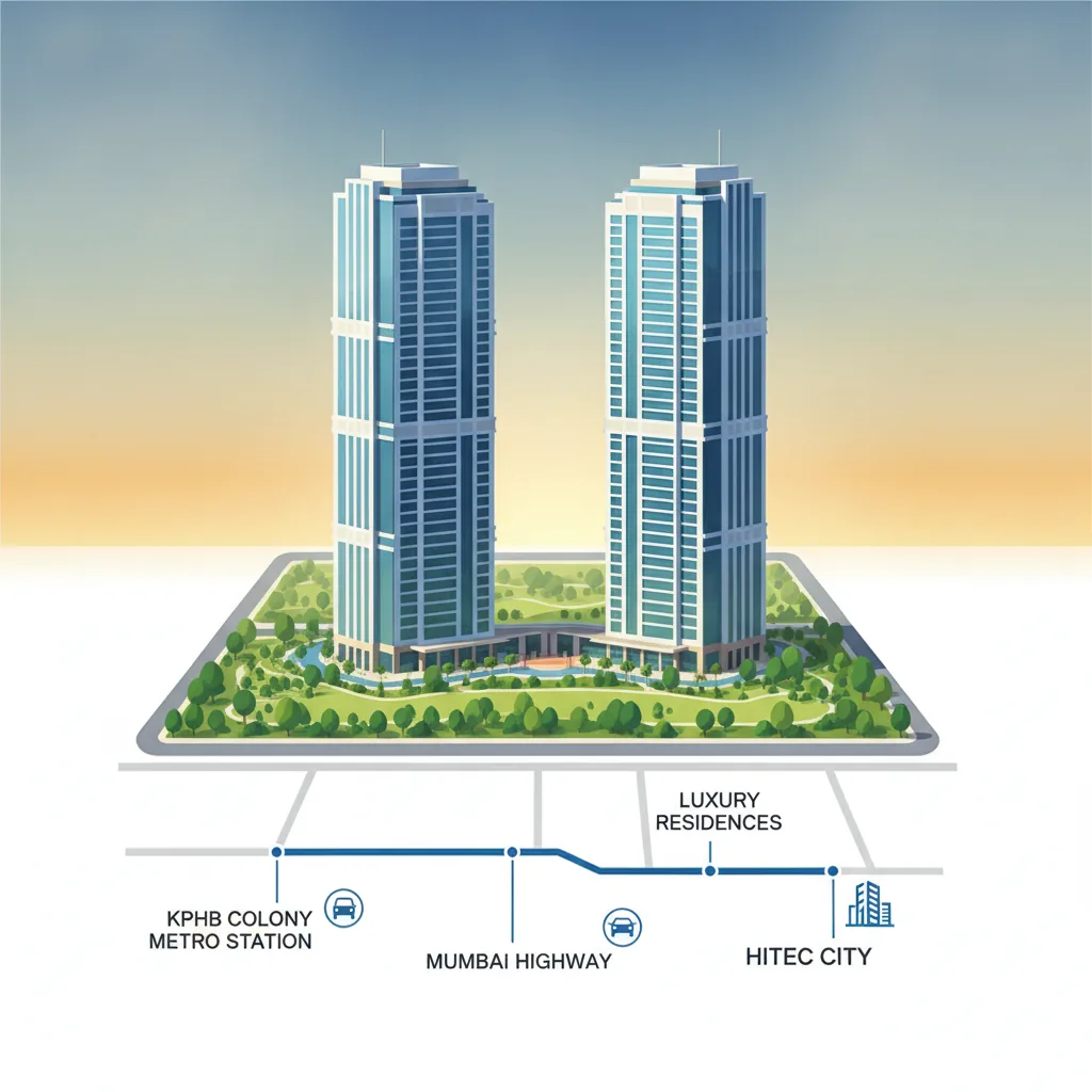 Godrej Brooklyn Heights Map - Modern luxury residential towers with connectivity to KPHB Colony Metro, Mumbai Highway, and HITEC City