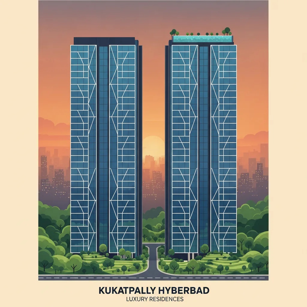 Godrej Brooklyn Heights luxury high-rise residential towers with glass facades and rooftop pool at dusk in Kukatpally Hyderabad