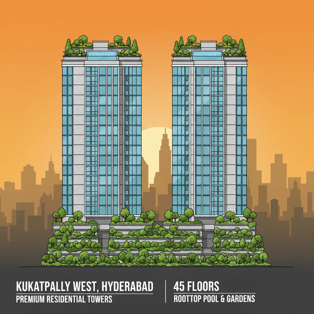 Modern luxury residential high-rise towers at sunset featuring rooftop swimming pool and green garden terraces, Godrej Brooklyn Heights
