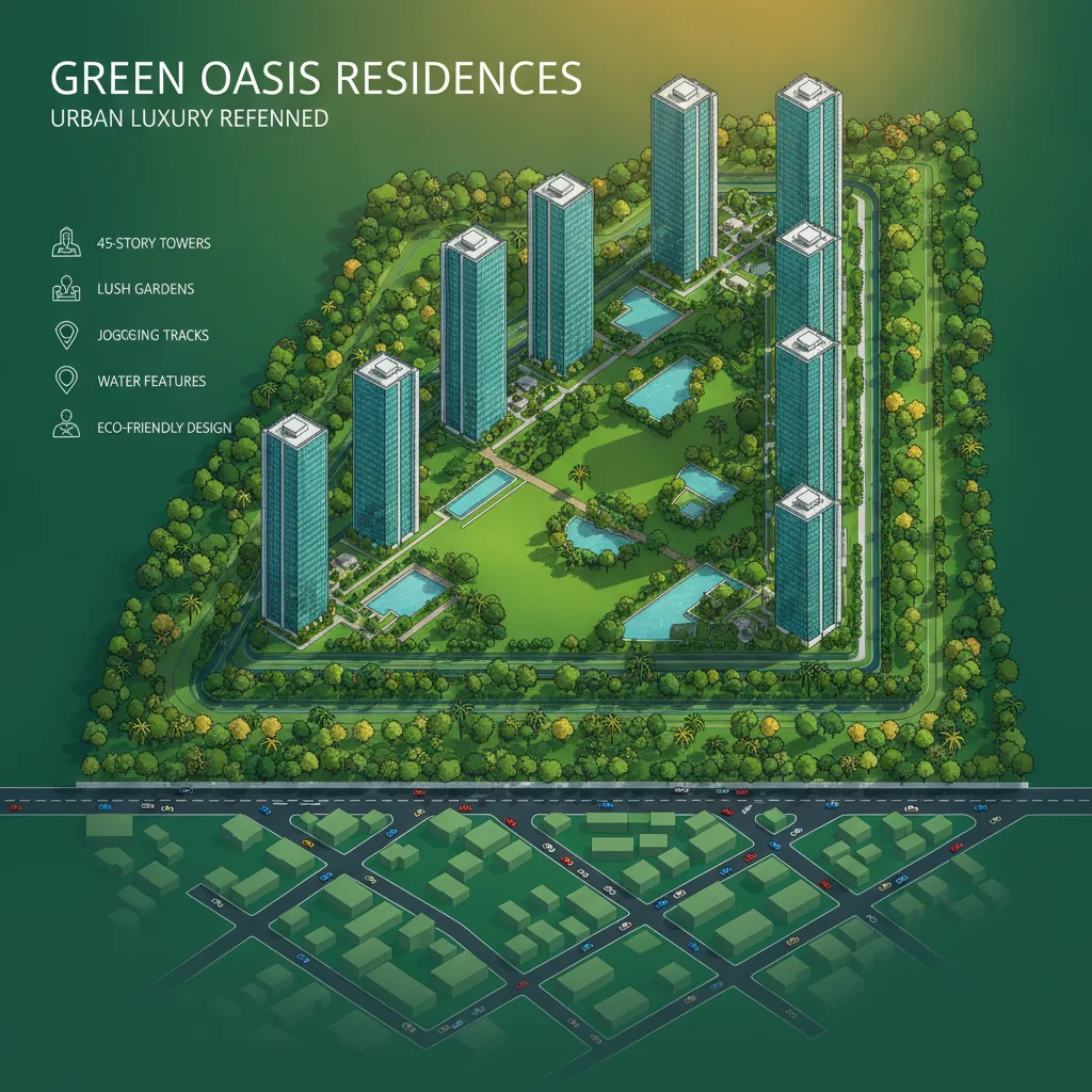 Aerial view of luxury high-rise residential towers surrounded by lush green gardens at Godrej Brooklyn Heights