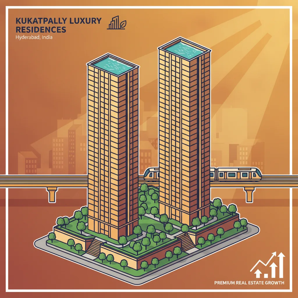 Modern luxury high-rise residential towers in Kukatpally Hyderabad featuring twin skyscrapers with glass facades, lush green podium gardens, rooftop infinity pool, and urban skyline at golden hour