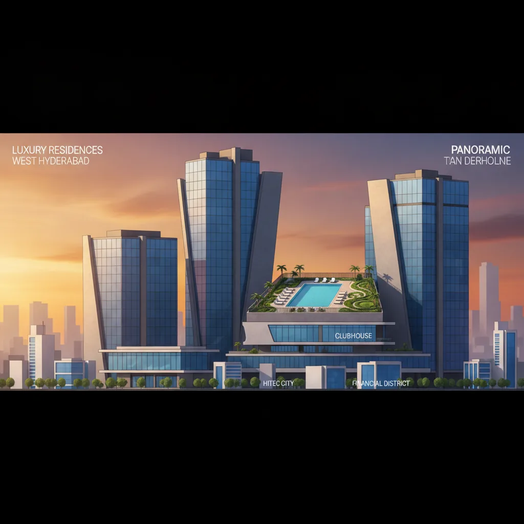 High-Rise Apartments Price in West Hyderabad - Modern high-rise luxury residential towers at golden hour with panoramic city views