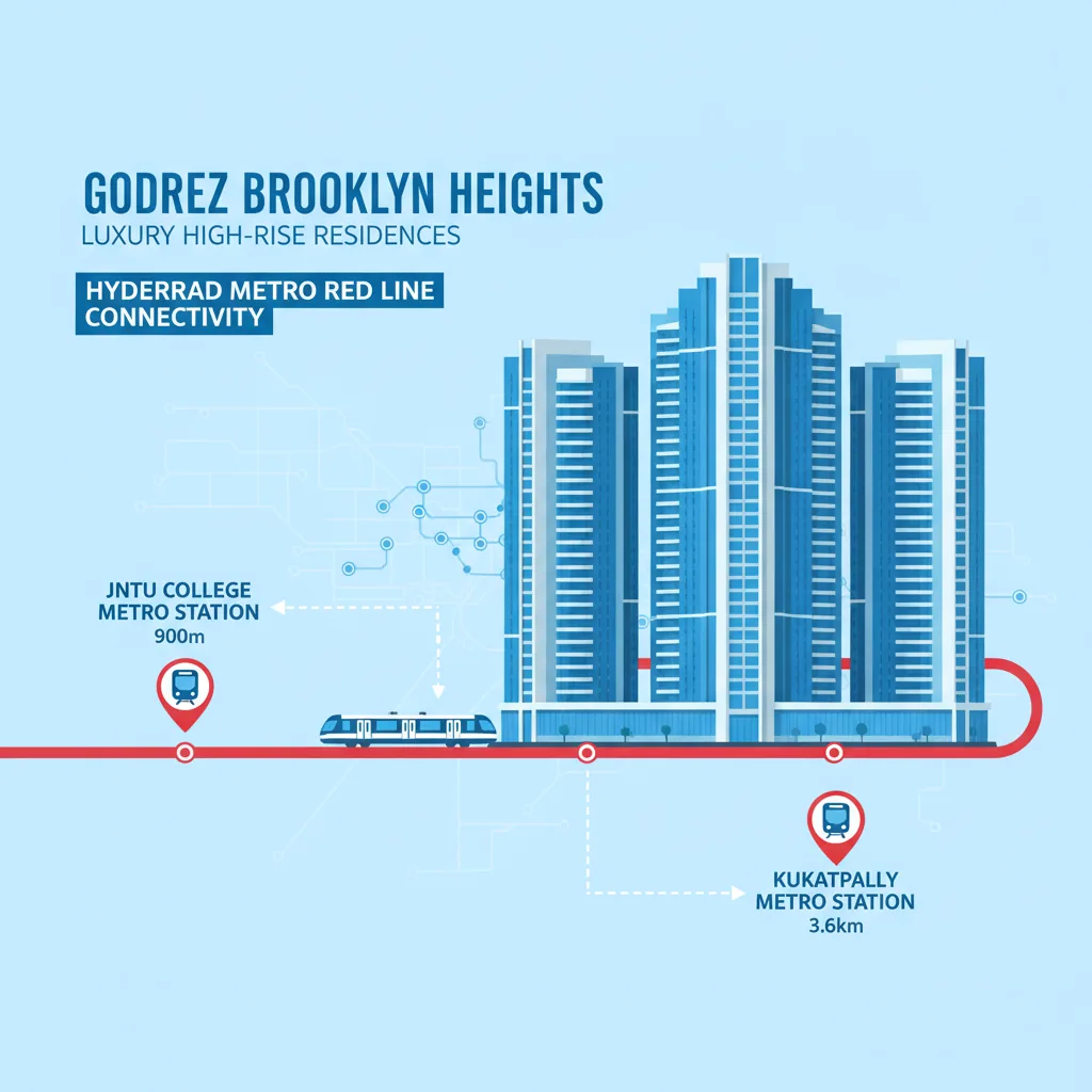Godrej Brooklyn Heights luxury township with Hyderabad Metro Red Line connectivity infographic showing distances to JNTU College and Kukatpally Metro Stations