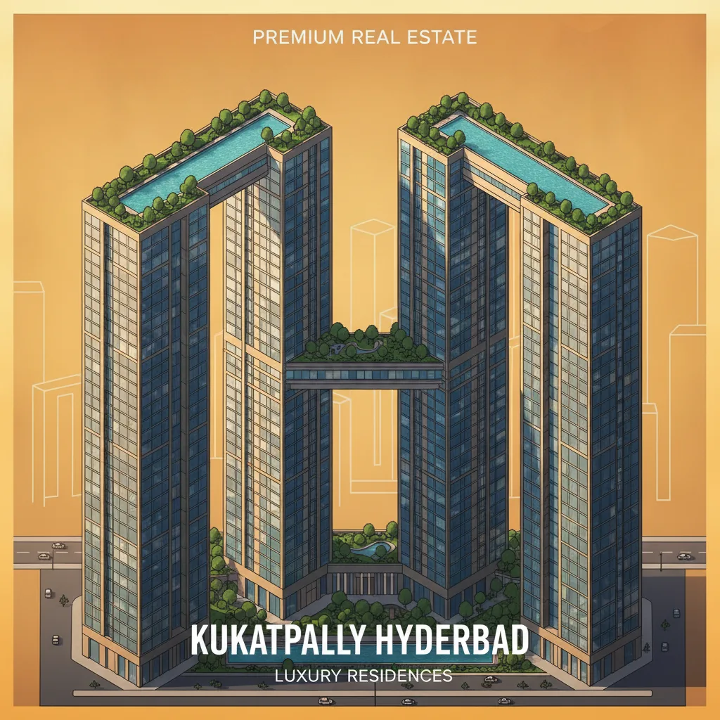Luxury high-rise residential towers with modern architecture, rooftop swimming pool, green landscaping at Godrej Brooklyn Heights in Kukatpally Hyderabad