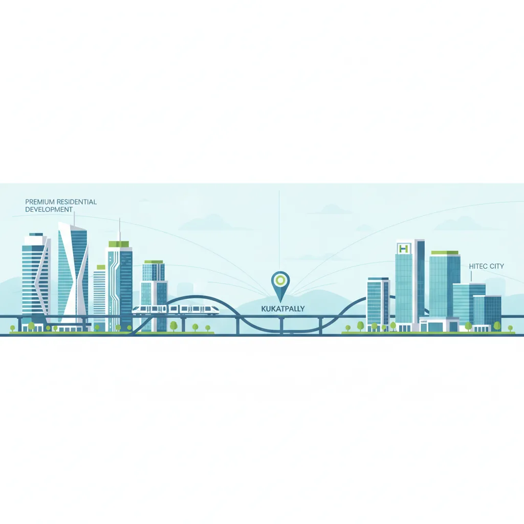 Hyderabad real estate skyline showing West Hyderabad tech corridor with luxury residential towers, metro rail, and Godrej Brooklyn Heights location