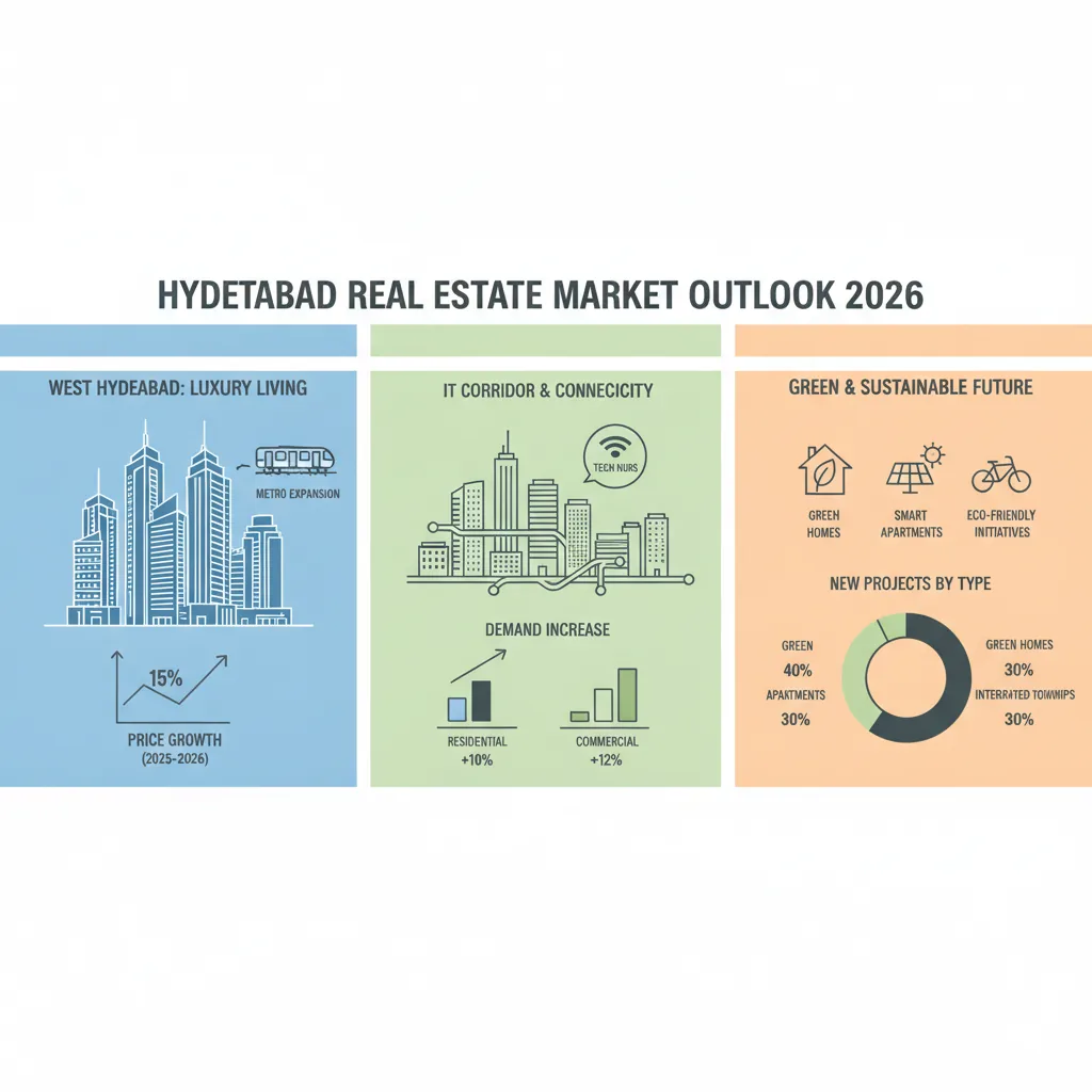 Hyderabad Real Estate Outlook 2026 infographic showing luxury high-rise towers, metro expansion, and market trends in West Hyderabad