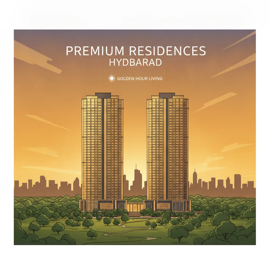 Modern luxury twin tower residential development at sunset - Godrej Brooklyn Avenue Kukatpally with 45-floor glass facade towers overlooking Hyderabad skyline