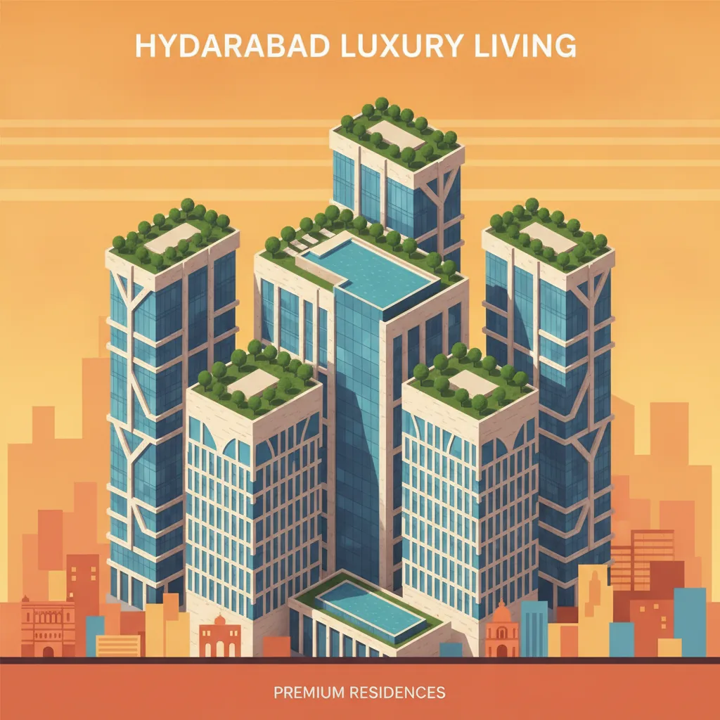 Modern luxury residential high-rise towers in Hyderabad, India with green rooftop gardens and infinity pool overlooking city skyline, golden hour lighting, architectural visualization style, premium real estate photography aesthetic
