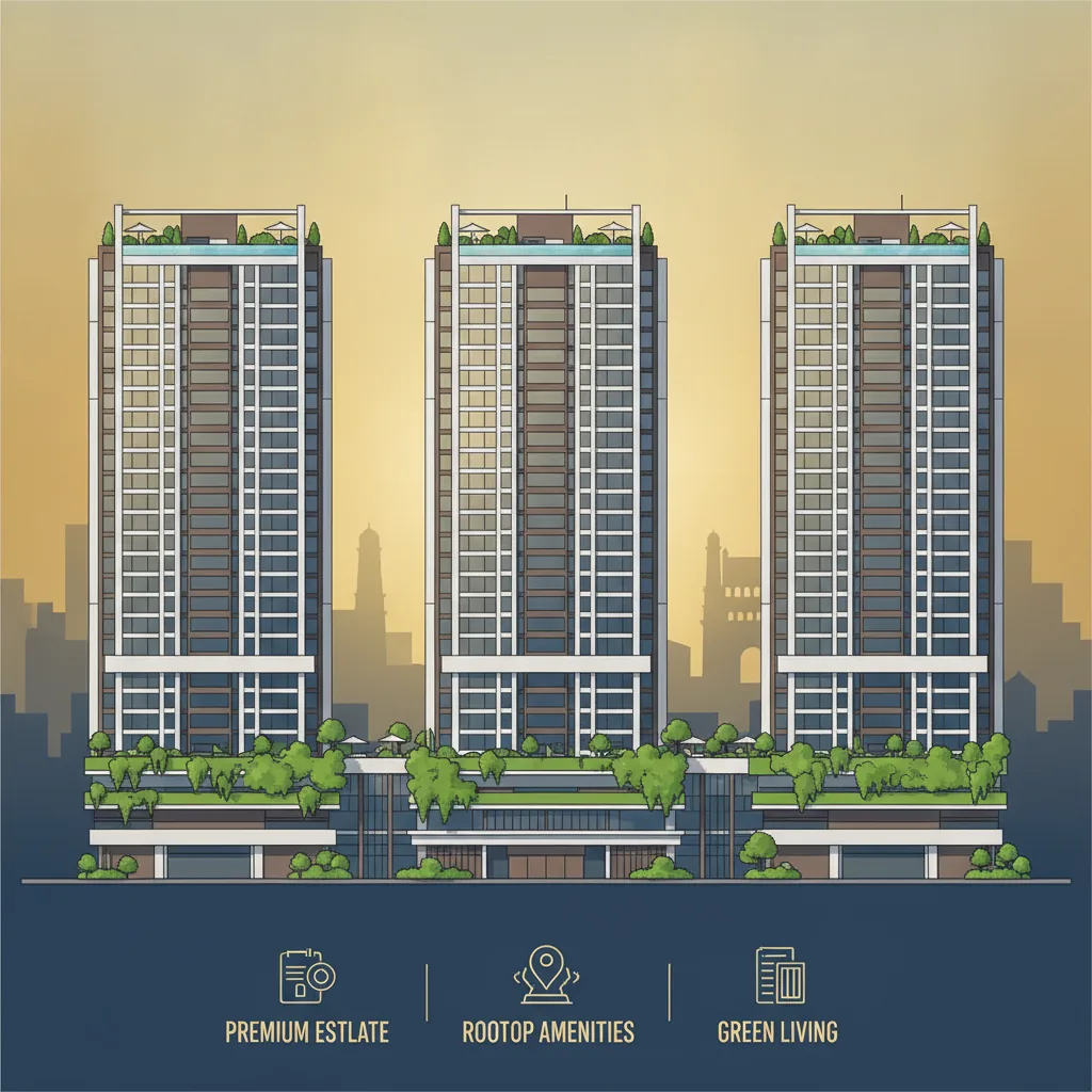 Modern luxury residential towers at Godrej Brooklyn Heights with green podium gardens and skyline views