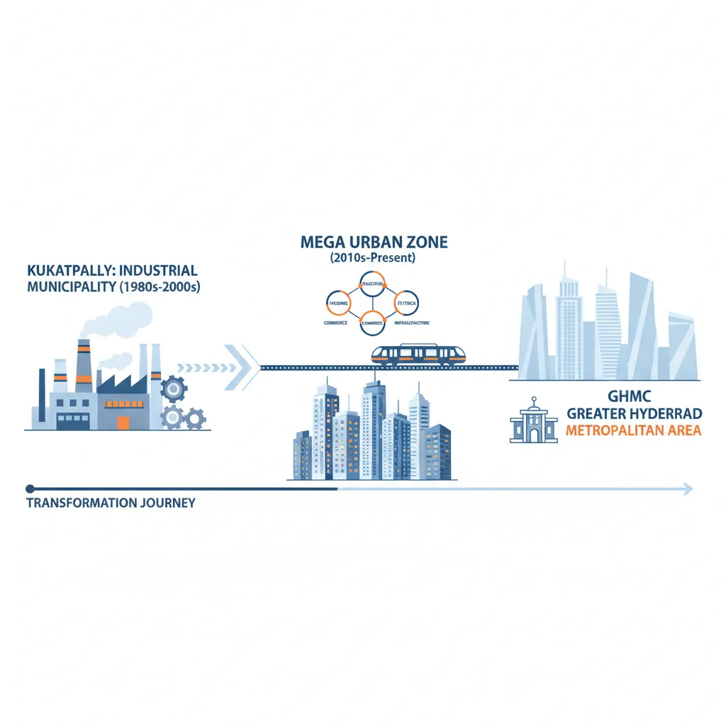 Kukatpally's transformation from industrial municipality to mega urban zone within GHMC, featuring metro line, high-rise residential towers, and administrative zone map