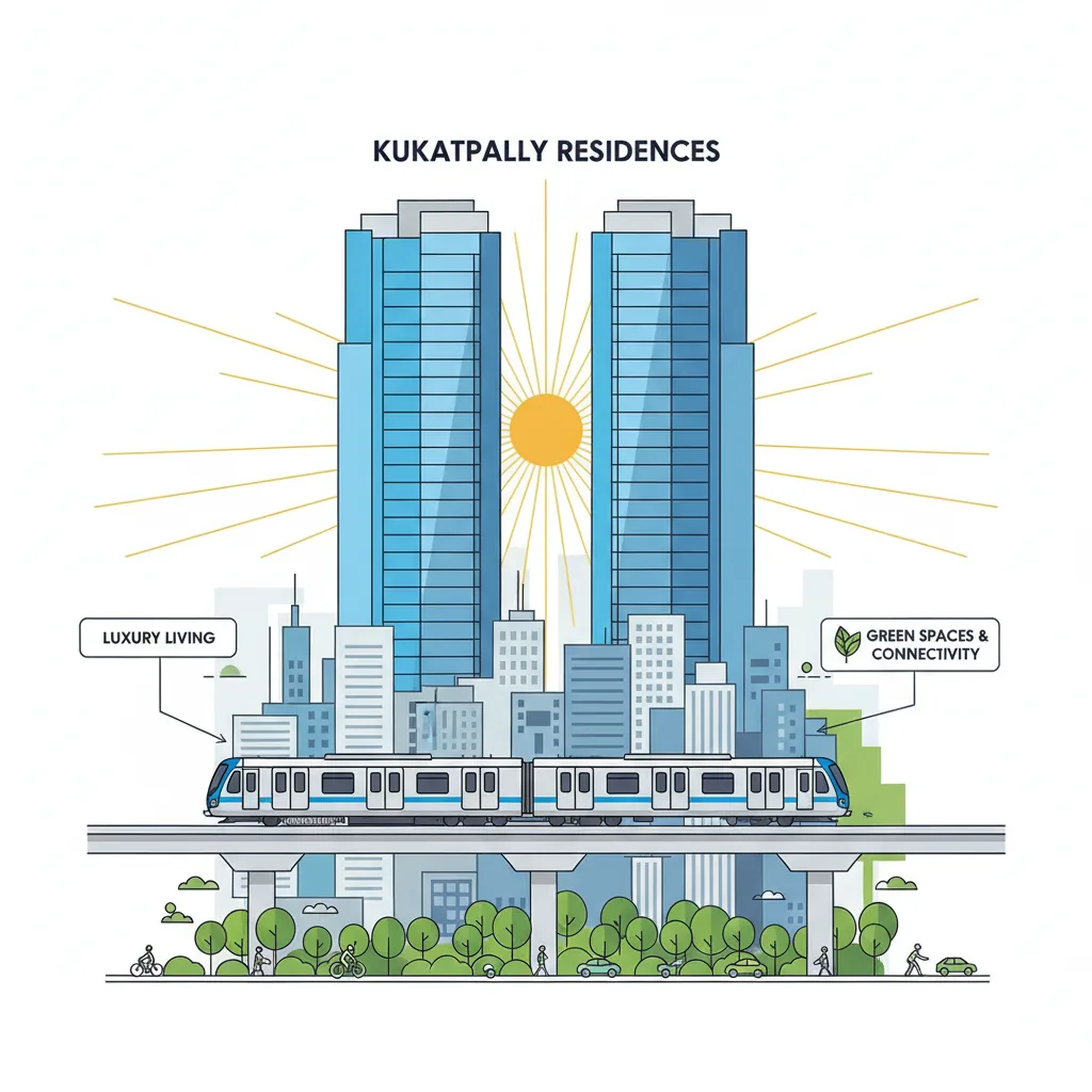 Modern high-rise residential towers in Kukatpally Hyderabad at golden hour with metro connectivity