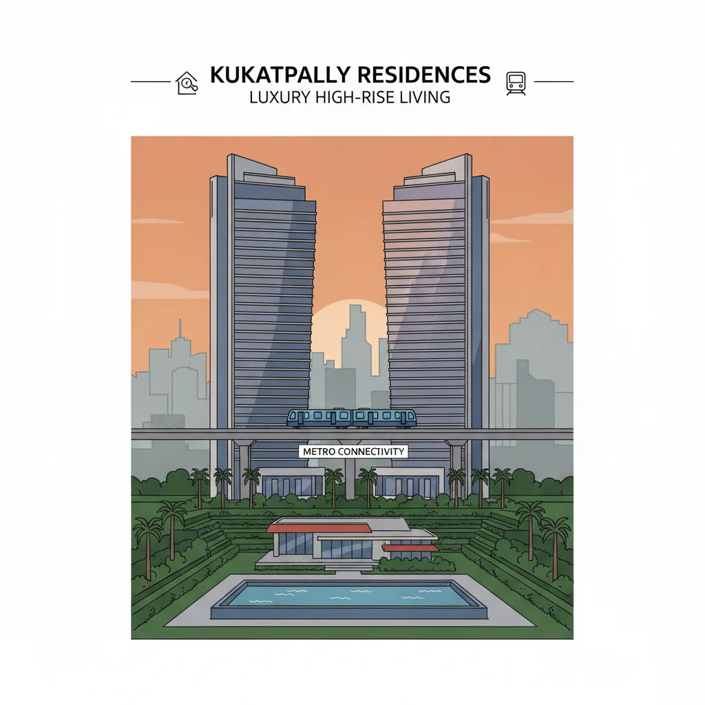 Modern luxury high-rise residential towers in Kukatpally Hyderabad with glass facades, lush green landscapes and premium gated community amenities