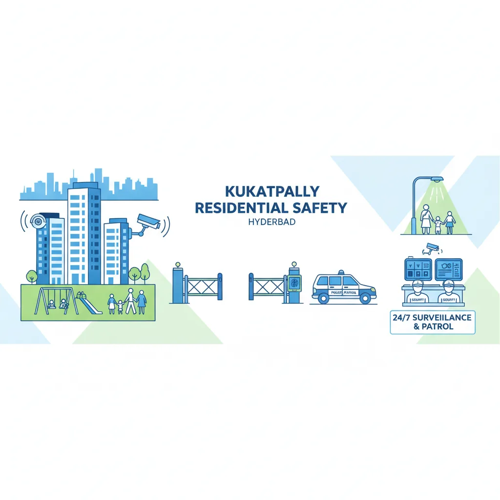 Modern residential area safety infographic for Kukatpally Hyderabad showing CCTV surveillance, secure gated community, and safety features