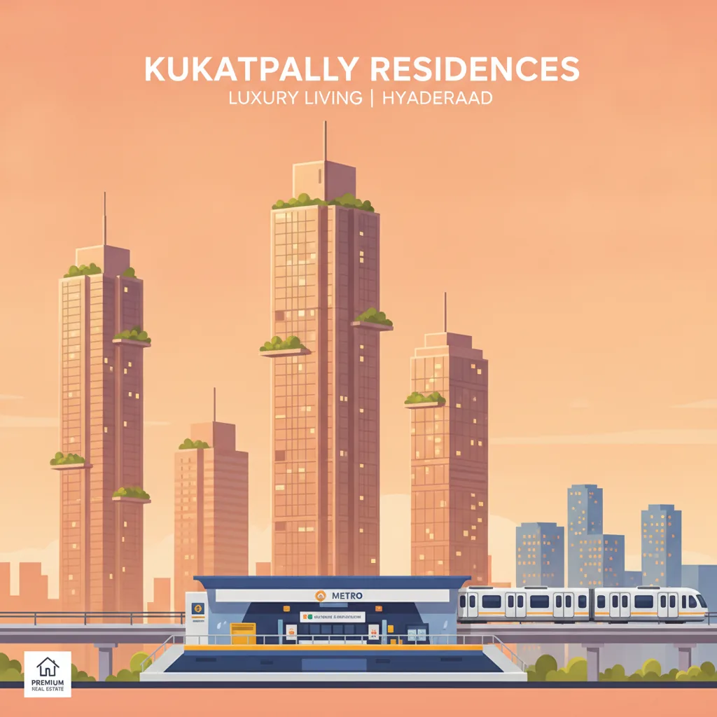 Modern luxury residential skyline in Kukatpally, Hyderabad featuring sleek high-rise towers with glass facades and metro station