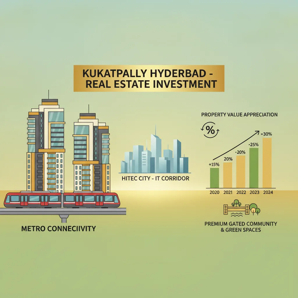 Modern luxury high-rise residential towers in Kukatpally Hyderabad with metro connectivity and HITEC City skyline backdrop, showing real estate investment infographic with property value appreciation chart