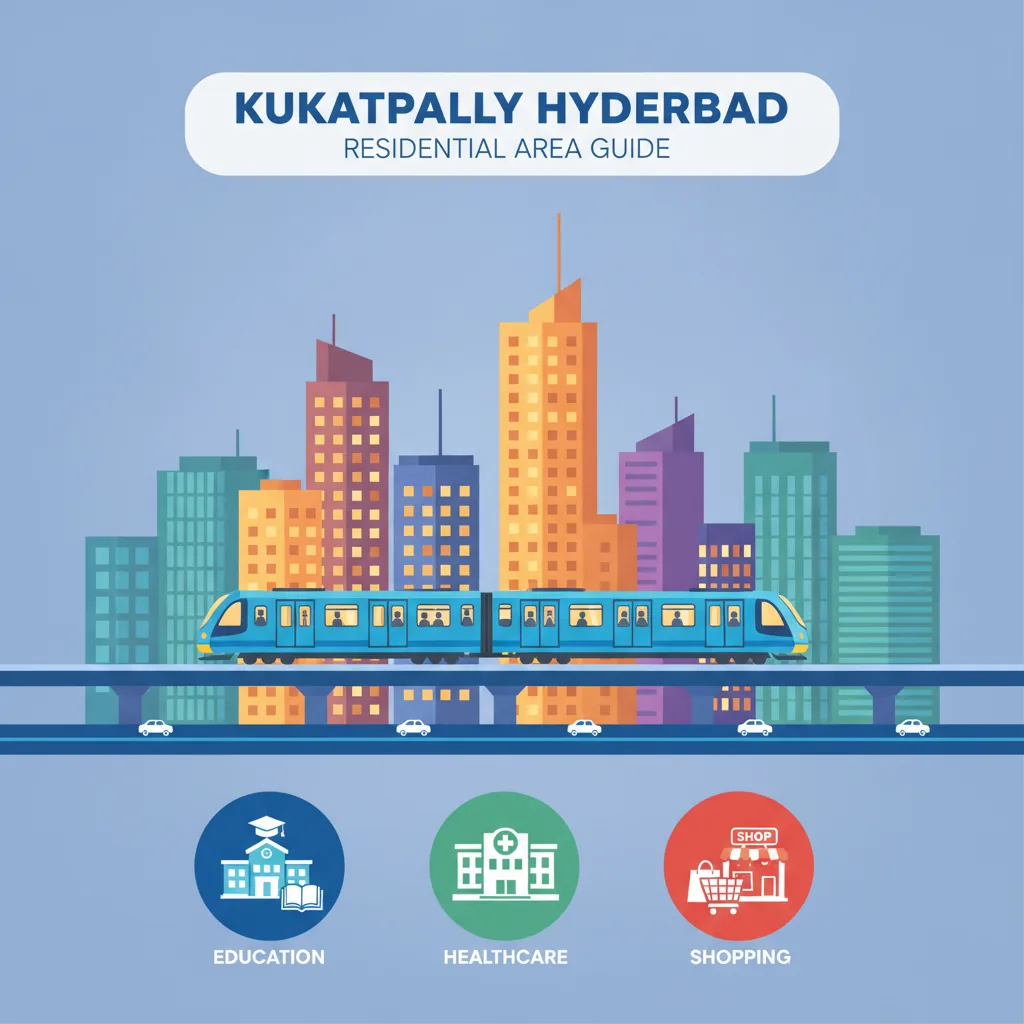 Is Kukatpally Good to Stay? - Modern infographic style hero image showing Kukatpally Hyderabad residential area with high-rise towers, metro train, and IT office buildings