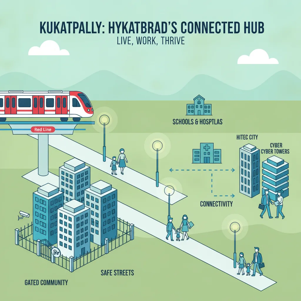 A modern infographic-style hero image showing a safe, vibrant residential neighborhood in Kukatpally, Hyderabad with metro, gated community, and families walking safely.