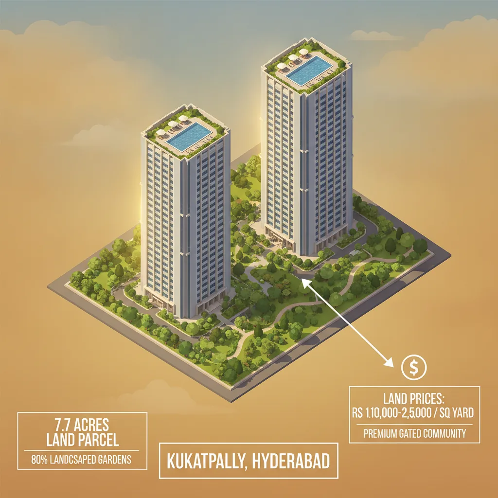 Modern luxury high-rise residential towers in Kukatpally Hyderabad showing aerial view with rooftop swimming pool and landscaped gardens