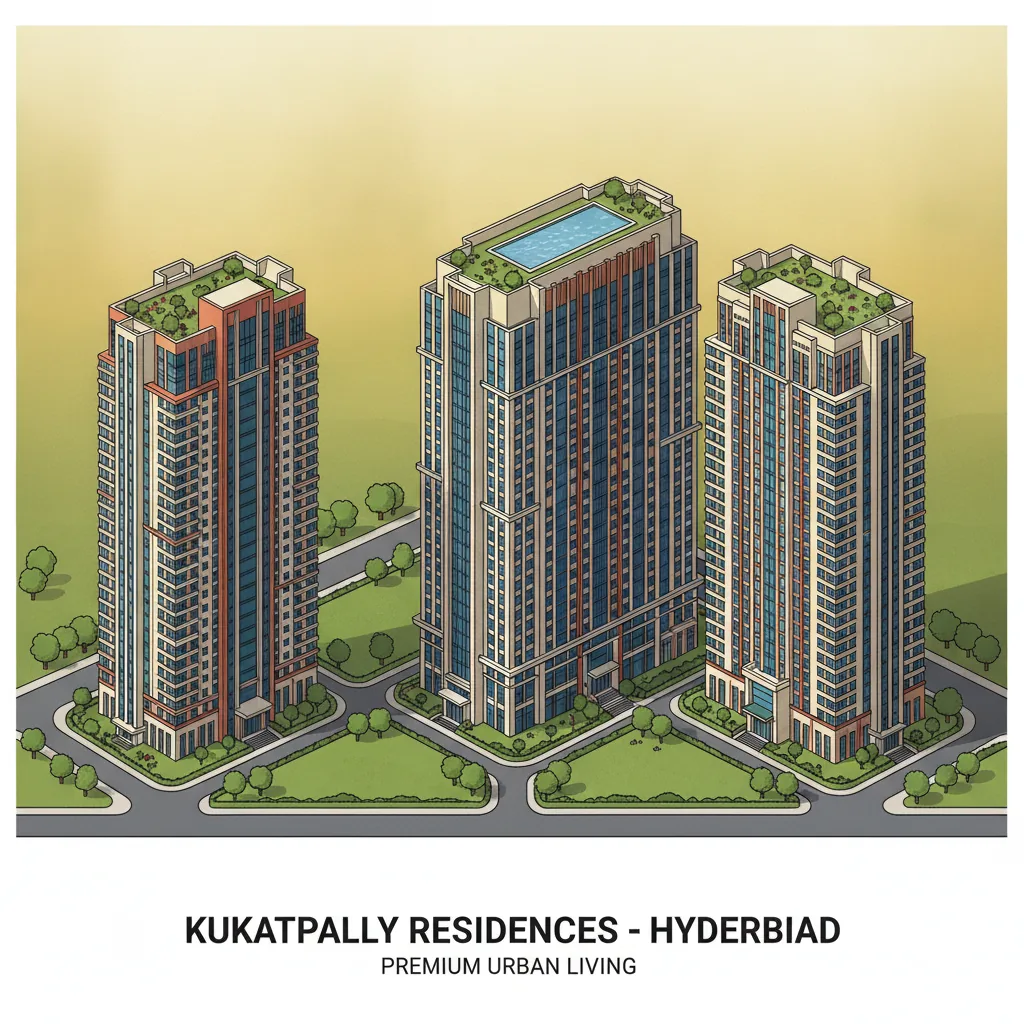Luxury high-rise residential towers with New York-inspired architecture at Godrej Brooklyn Heights, featuring rooftop gardens, swimming pool, and landscaped gardens in Kukatpally, Hyderabad