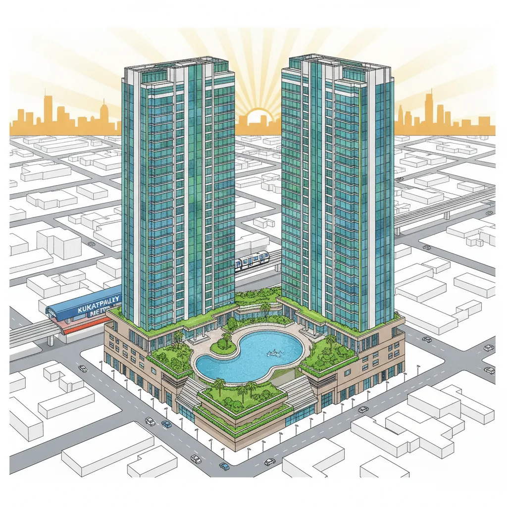 Aerial view of Godrej Brooklyn Heights luxury residential towers with landscaped gardens, swimming pool, and HITEC City skyline at golden hour