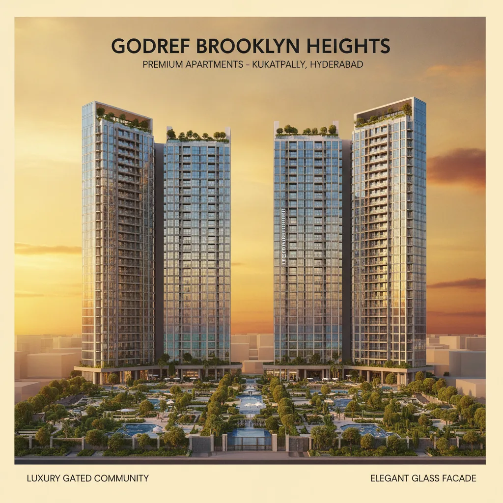 Modern luxury high-rise residential towers at sunset, Godrej Brooklyn Heights architectural visualization, premium apartments in Kukatpally Hyderabad