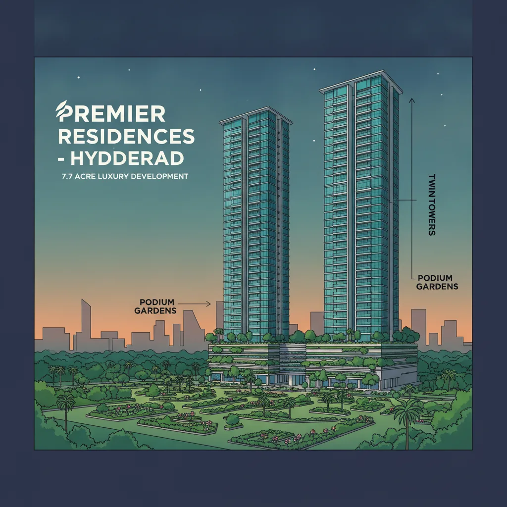 Modern luxury high-rise residential apartment towers in Hyderabad with glass facades and landscaped gardens, evening skyline view
