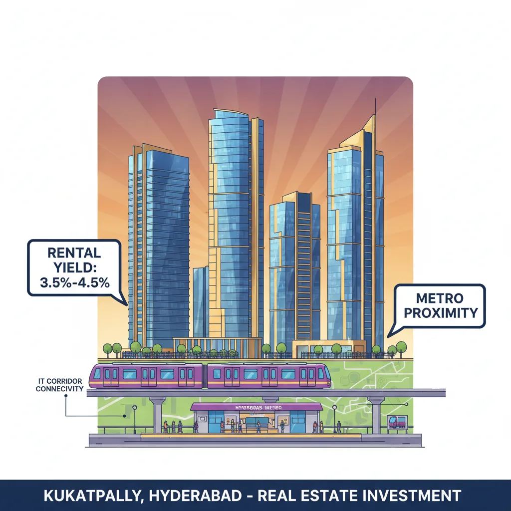 Rental demand near Godrej Brooklyn Heights - Modern luxury residential towers in Kukatpally at golden hour with metro connectivity and rental yield infographic